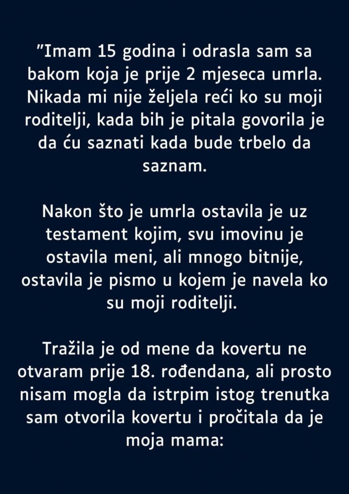 Petnaestogodišnjakinja nakon smrti bake pronašla pismo koje je promijenilo sve što je znala o svojoj porodici - featured image Petnaestogodišnjakinja nakon smrti bake pronašla pismo koje je promijenilo sve što je znala o svojoj porodici - featured image